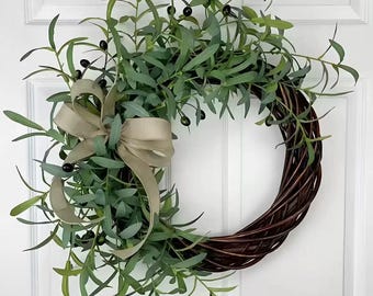 Olive Branch Wreath with Custom Sign, Neutral Farmhouse Door Decor,Peaceful Olive Wreath with Bow, Welcome Olive Wreath with Tassel