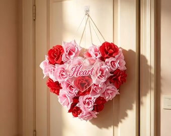 Heart Shaped Pink Red Rose Wreath Red Satin Bow Custom Oval Wood Acrylic Tag Valentine Wedding Front Door Floral Hanging Decor 20cm×20cm.