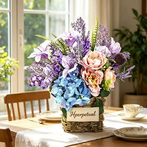 Può includere: Una composizione floreale in un cesto intrecciato con ortensie blu, peonie rosa e fiori di campo viola. Un'etichetta bianca rettangolare fissata sulla parte anteriore del cesto riporta la parola Hperpetual in un elegante corsivo.