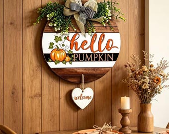 Hello Pumpkin Round Wood Door Sign Buffalo Check Burlap Bow Greenery Lace Trim Farmhouse Autumn Front Entry Wall Hanging Decor 30cm×30cm