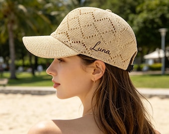 Gorra de béisbol de paja de papel hecha a mano - Sombrero de sol transpirable de verano para mujer, sombrero de paja ajustable y personalizado con nombre personalizado