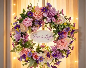 Pastel Pink Purple Peony Rose Wreath Custom Oval Wood Clear Acrylic Tag Spring Cottage Wedding Front Door Floral Wall Hanging Decor.