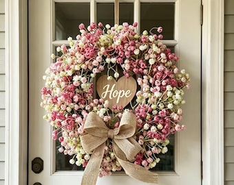 Pink White Baby Breath Wreath Burlap Lace Bow Custom Heart Wood Clear Acrylic Tag Spring Farmhouse Wedding Front Door Floral Hanging Decor.