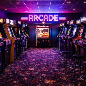 May include: An arcade room with rows of vintage arcade machines. The word "ARCADE" is displayed in neon lights above the machines. The room has a purple and black color scheme, with a patterned carpet and stools.