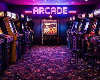 Pakiet tapet Neon Arcade z lat 80. – retro tapety na pulpit do gier (do pobrania w wersji cyfrowej)