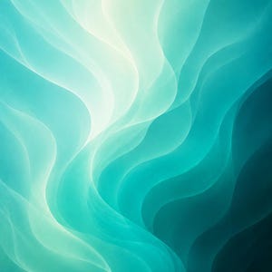 Könnte beinhalten: Ein abstraktes digitales Kunstwerk mit fließenden, durchscheinenden Wellen in verschiedenen Blau-, Türkis- und Cyan-Tönen. Die Komposition zeigt glatte, überlappende Kurven, die von einem hellen, leuchtenden Weiß zu einem tiefen Dunkelblau übergehen.