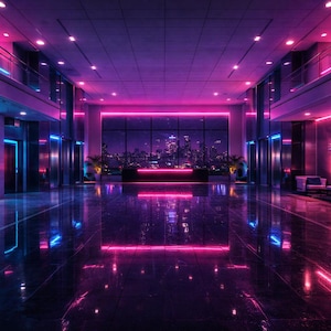 Puede incluir: Vista interior de un vestíbulo de edificio moderno con iluminación de neón. El espacio está iluminado con luces de neón azules y rosas, que se reflejan en el suelo pulido. Grandes ventanales ofrecen una vista del horizonte de una ciudad por la noche. Plantas en macetas añaden un toque de vegetación.