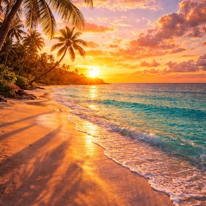 May include: A vibrant beach scene at sunset. Palm trees cast long shadows on the golden sand. The ocean transitions from turquoise to deep blue. The sky is a mix of orange, yellow, and purple hues, with the sun setting on the horizon.