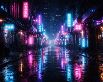 Tapeta Neon Cyberpunk City – Rainy Night (do pobrania cyfrowego)