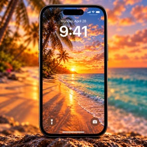 Könnte beinhalten: Ein Smartphone mit dunklem Rahmen zeigt einen Sperrbildschirm mit einem tropischen Strand-Sonnenuntergang als Hintergrundbild. Auf dem Display sind die Uhrzeit 9:41, das Datum Monday, April 28, ein Taschenlampensymbol und ein Kamerasymbol zu sehen.