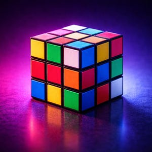 May include: A colorful Rubik's Cube with a black frame. The cube's faces display a variety of colors, including red, blue, green, yellow, orange, and white. The cube is set against a dark, reflective surface with a purple and pink gradient.
