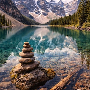 Può includere: Un paesaggio sereno con un lago turchese limpido che riflette montagne innevate e un cielo blu con nuvole. Una pila di pietre equilibrate è in primo piano, con un tronco caduto nell'acqua. I pini costeggiano il lago.