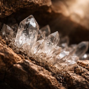 May include: Close-up of clear quartz crystals clustered together, emerging from a rough, brown rock formation. The crystals have sharp, pointed tips and reflect light, creating a sparkling effect. The image highlights the natural beauty of the crystals.
