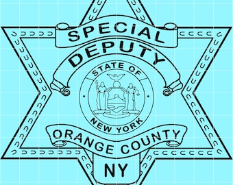 May include: Black and white Special Deputy badge from Orange County, NY. The badge is a six-pointed star with the words "SPECIAL DEPUTY" and "ORANGE COUNTY" displayed on banners. The center features the New York State seal.