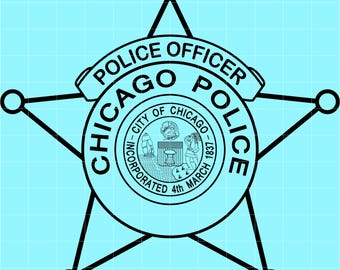 May include: A black and white Chicago Police Officer badge in the shape of a star. The badge has the words "POLICE OFFICER" at the top and "CHICAGO POLICE" around a circular emblem with the city seal.