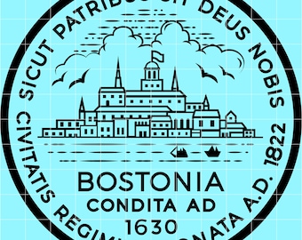 May include: A circular emblem with a light blue background and black text and illustrations. The text reads "Civitatis Regimine Donata A.D. 1630" and "Bostonia Condita A.D. 1630". The emblem features a cityscape, clouds, and the text "Sicut Patribus Sit Deus Nobis 1822".
