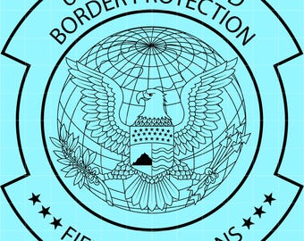 May include: A light blue emblem with black text and details. The text reads "U.S. Customs and Border Protection" and "Field Operations". The emblem features an eagle with a shield, globe, and stars.