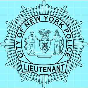 May include: Black and white City of New York Police Lieutenant badge. The badge features a central emblem with a shield, eagle, and figures, surrounded by the text "City of New York Police" and "Lieutenant". The background is a light blue grid.