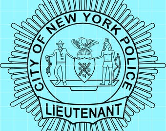 May include: Black and white City of New York Police Lieutenant badge. The badge features a central emblem with a shield, eagle, and figures, surrounded by the text "City of New York Police" and "Lieutenant". The background is a light blue grid.