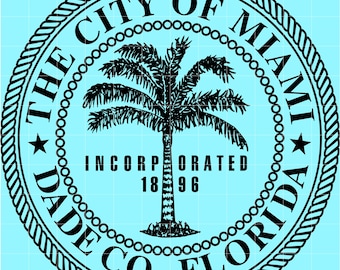 May include: Circular black and white seal for the City of Miami, Florida, with a palm tree in the center. The text reads "The City of Miami, Dade Co., Florida, Incorporated 1896."