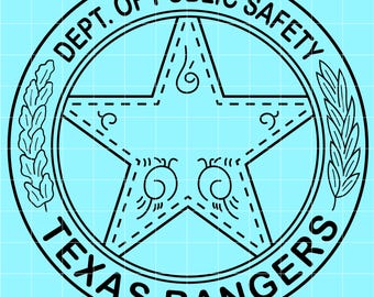 May include: Black and white Texas Rangers badge design. The circular emblem features the text "DEPT. OF PUBLIC SAFETY" and "TEXAS RANGERS" around a central star. The star has decorative elements and is outlined with a dashed line.