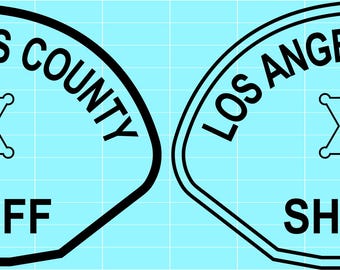May include: Two Los Angeles County Sheriff badges. Each badge features a six-pointed star with a bear silhouette, surrounded by the words "LOS ANGELES COUNTY" and "SHERIFF". One badge is solid black, the other is an outline.
