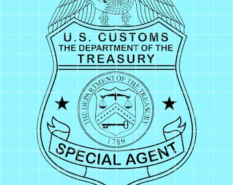 May include: Black and white graphic of a U.S. Customs Special Agent badge. The badge features an eagle at the top, the text "U.S. Customs, The Department of the Treasury", and a central seal with the text "Department of the Treasury" and the year 1789.