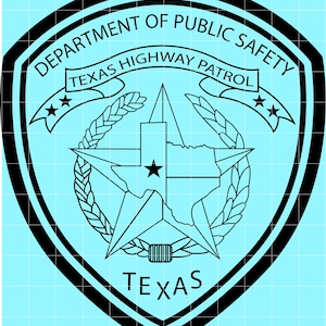 May include: A black and white Texas Highway Patrol badge design on a light blue background. The badge features the text "DEPARTMENT OF PUBLIC SAFETY" and "TEXAS HIGHWAY PATROL". A star and the outline of the state of Texas are also visible.