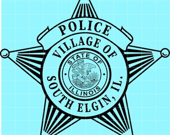 May include: Black and white police badge for the Village of South Elgin, Illinois. The badge is star-shaped with the words "POLICE" and "VILLAGE OF SOUTH ELGIN, IL." The center features the Illinois state seal.