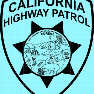 May include: A black and white California Highway Patrol emblem on a light blue background. The emblem features the words "CALIFORNIA HIGHWAY PATROL" and a central design with the word "EUREKA", a bear, and a woman holding a spear.