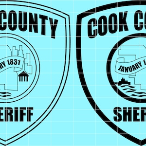 May include: Two Cook County Sheriff badge designs, one outlined and one solid black, on a light blue background. Each badge features the words "COOK COUNTY" at the top, "SHERIFF" at the bottom, and a central emblem with "JANUARY 1831".