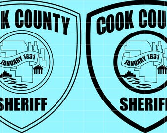 May include: Two Cook County Sheriff badge designs, one outlined and one solid black, on a light blue background. Each badge features the words "COOK COUNTY" at the top, "SHERIFF" at the bottom, and a central emblem with "JANUARY 1831".