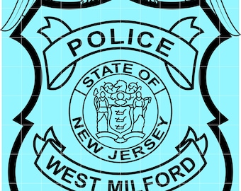 May include: A police officer badge with a light blue background and black details. The badge features the text "POLICE OFFICER", "POLICE", "STATE OF NEW JERSEY", and "WEST MILFORD". An eagle with outstretched wings is at the top.
