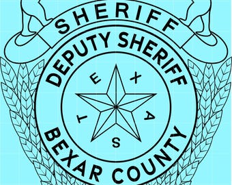 May include: A black and white graphic of a Bexar County Deputy Sheriff badge. The badge features a star, the words "SHERIFF", "DEPUTY SHERIFF", and "BEXAR COUNTY". Two bear figures and a building are at the top.
