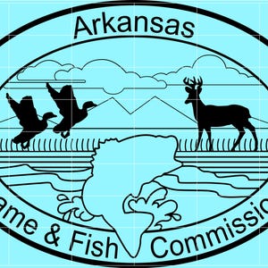 May include: An oval decal featuring a light blue background with a black outline. The text Arkansas Game & Fish Commission is printed in black. The graphic depicts two flying ducks, a standing deer, mountains, and a fish silhouette in water.