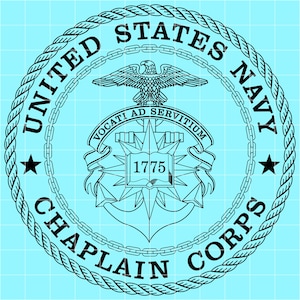 May include: A black and white United States Navy Chaplain Corps emblem on a light blue background. The emblem features an eagle, anchor, star, and the text "UNITED STATES NAVY CHAPLAIN CORPS". The year "1775" is also displayed.