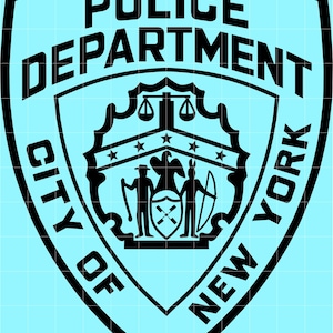 May include: Black and white New York City Police Department shield emblem. The shield features the text "POLICE DEPARTMENT" and "CITY OF NEW YORK". The emblem includes an eagle, scales, stars, and figures.