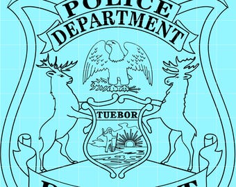 May include: A black and white police badge with the words "POLICE DEPARTMENT" and "DETROIT" in bold letters. The badge features an eagle, deer, and a central emblem with a sunrise and figures.