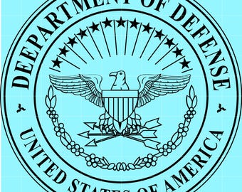 May include: Black and white Department of Defense seal on a light blue background. The seal features an eagle with outstretched wings, arrows, and a shield. The words "DEPARTMENT OF DEFENSE" and "UNITED STATES OF AMERICA" are inscribed around the seal.