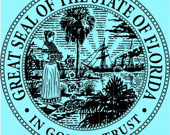May include: Black and white illustration of the Great Seal of the State of Florida. The seal features a woman, a palm tree, a steamboat, and a sailboat, surrounded by text that reads "Great Seal of the State of Florida" and "In God We Trust."