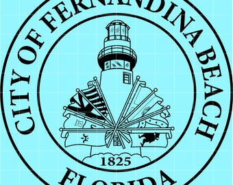 May include: A black and white circular emblem for the City of Fernandina Beach, Florida, featuring a lighthouse, flags, and the year 1825. The text "CITY OF FERNANDINA BEACH" and "FLORIDA" are in a circular border.
