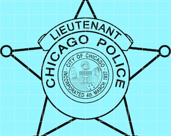 May include: Black and white Chicago Police Lieutenant badge. The badge is star-shaped with the words "LIEUTENANT" and "CHICAGO POLICE" in a curved banner. The center circle features the Chicago city seal.