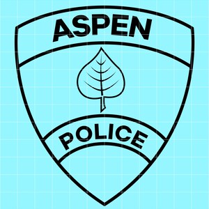 May include: Black and white Aspen Police badge design. The badge is shield-shaped with the word "ASPEN" at the top and "POLICE" at the bottom. A leaf is in the center. The background is a light blue grid.