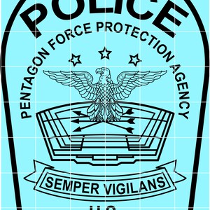 May include: A light blue shield-shaped emblem with a black border. It features the text POLICE PENTAGON FORCE PROTECTION AGENCY, an eagle with arrows, three stars, a banner with the text SEMPER VIGILANS, and the text U.S. PENTAGON at the bottom.