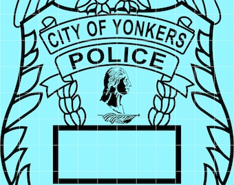 May include: Black and white police badge with the words "City of Yonkers Police" and "Sergeant". The badge features an eagle at the top and a profile of a person in the center.
