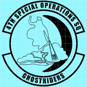 May include: A circular emblem with the text "4TH SPECIAL OPERATIONS SQ" and "GHOSTRIDERS" in black. A ghost-like figure flies through the air, with a black crescent moon and clouds in the background. The background is light blue.