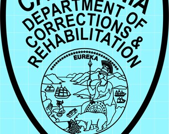 May include: A shield-shaped emblem with the text "CALIFORNIA DEPARTMENT OF CORRECTIONS & REHABILITATION" in black. The center features a circular design with a seated figure, bear, and the word "EUREKA". The background is light blue.