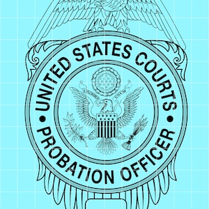 May include: Black and white illustration of a United States Courts Probation Officer badge. The badge features an eagle at the top, the words "United States Courts Probation Officer" in a circular design, and the US seal in the center.