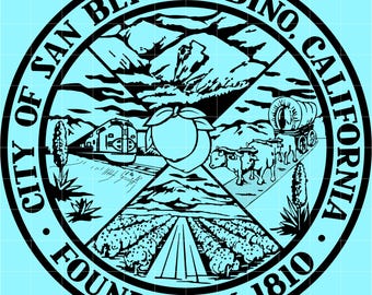 May include: A black and white city seal of San Bernardino, California, with a light blue background. The seal features a train, a peach, a covered wagon, and a field of crops. The text "CITY OF SAN BERNARDINO, CALIFORNIA" and "FOUNDED IN 1810" are included.
