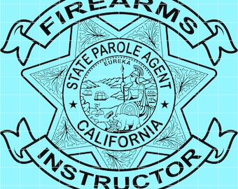 May include: Black and white Firearms Instructor badge. The badge features the text "FIREARMS INSTRUCTOR" and "STATE PAROLE AGENT CALIFORNIA" around a central emblem with a landscape and a figure holding a spear.